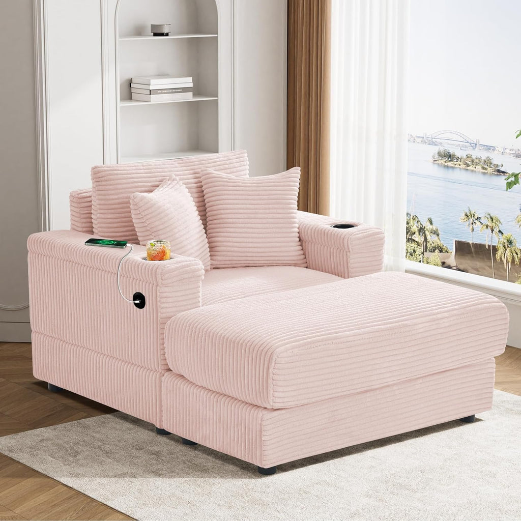Oversized Chaise Lounge Chair Indoor with Adjustable Backrest, USB, Cup Holder & Ottoman, Firm Solid Wood Frame with Long Service Life Plush Corduroy Oversized Reading Chair for Study Room - Pink