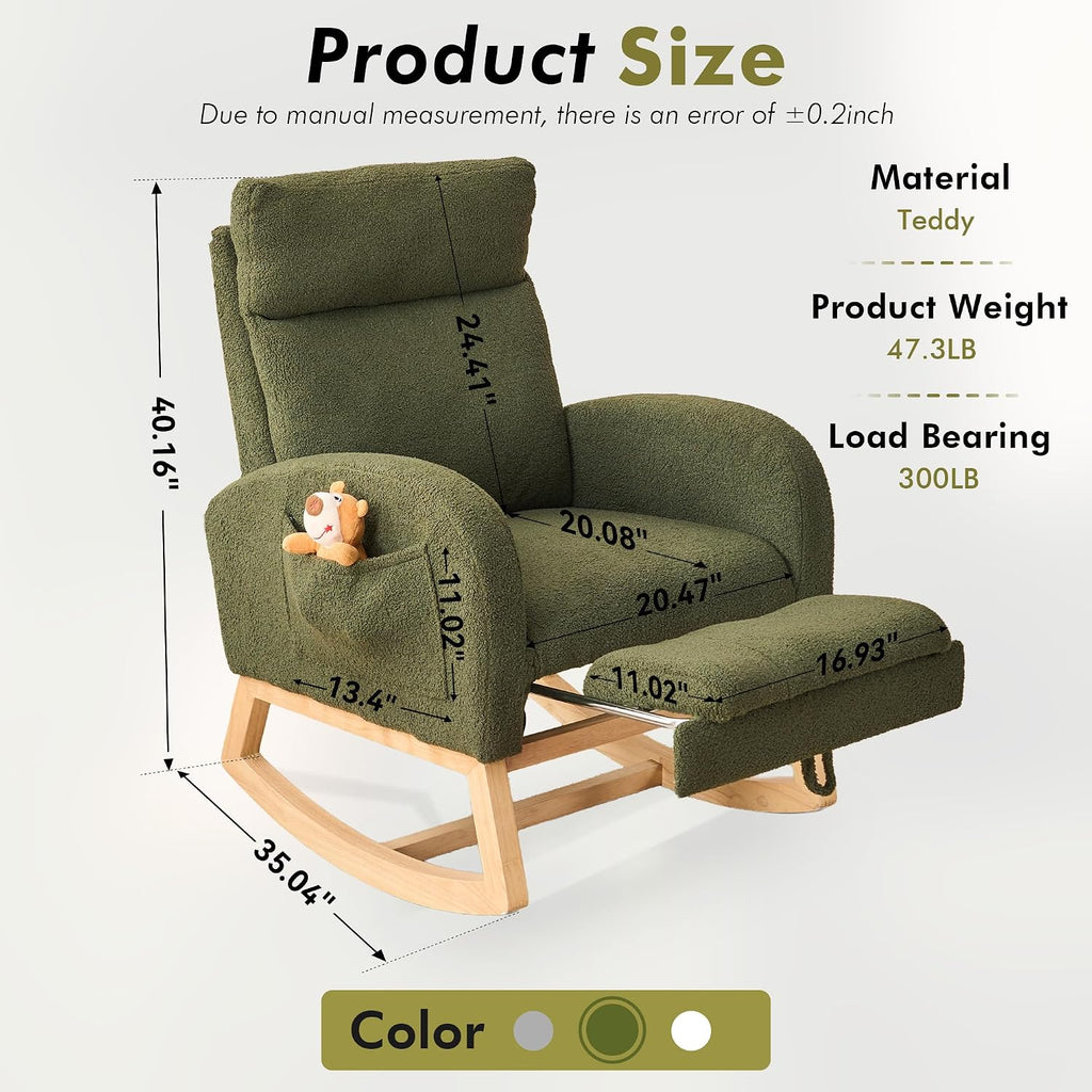 FOXHUNTER Rocking Chair for Nursery with High Backrest & Foot Rest-Nursery Rocking Chairs with Side Storage Pocket for Breastfeeding,Modern Glider Chair for Baby Bedroom,Living Room,Teddy, Green