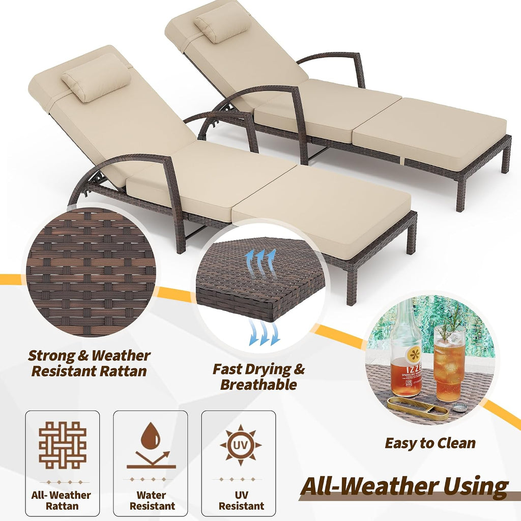 Outdoor Lounge Chairs Set of 2, Pool Lounge Chairs for Outside Patio Furniture, Outdoor PE Rattan Wicker Patio Chaise with 5-Positions Adjustable for Poolside, Deck,Beige