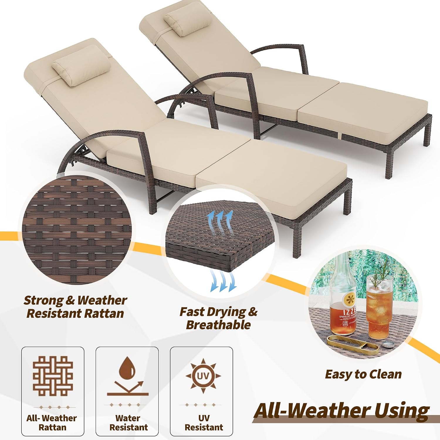 Outdoor Lounge Chairs Set of 2, Pool Lounge Chairs for Outside Patio Furniture, Outdoor PE Rattan Wicker Patio Chaise with 5-Positions Adjustable for Poolside, Deck,Beige
