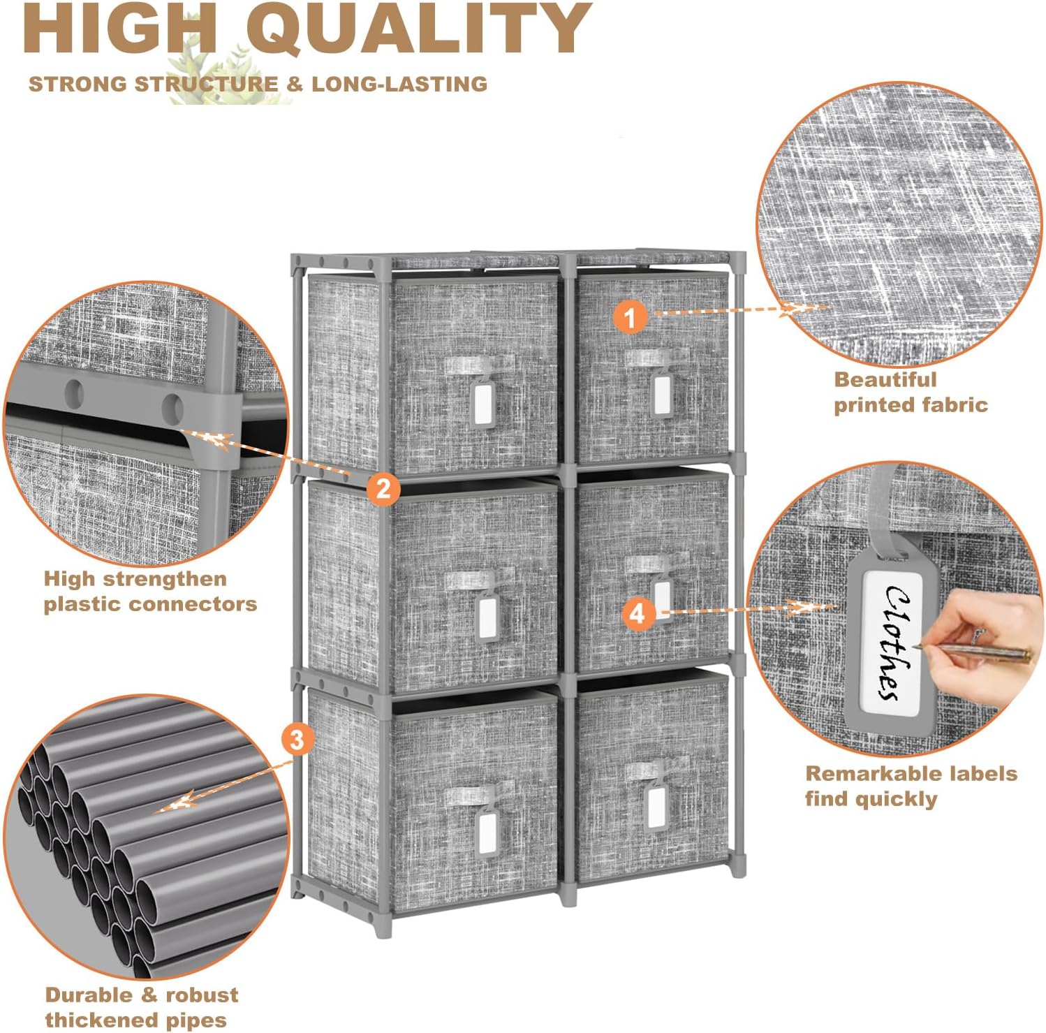 LUKYTOWER Cube Storage Organizer Shelf with 6 Printed Bins + Labels, Adjustable Modular Cubby Storage Organizer with Bins, Large Capacity Shelves for Storage,Closet, Living Room, Dorm, Yarn