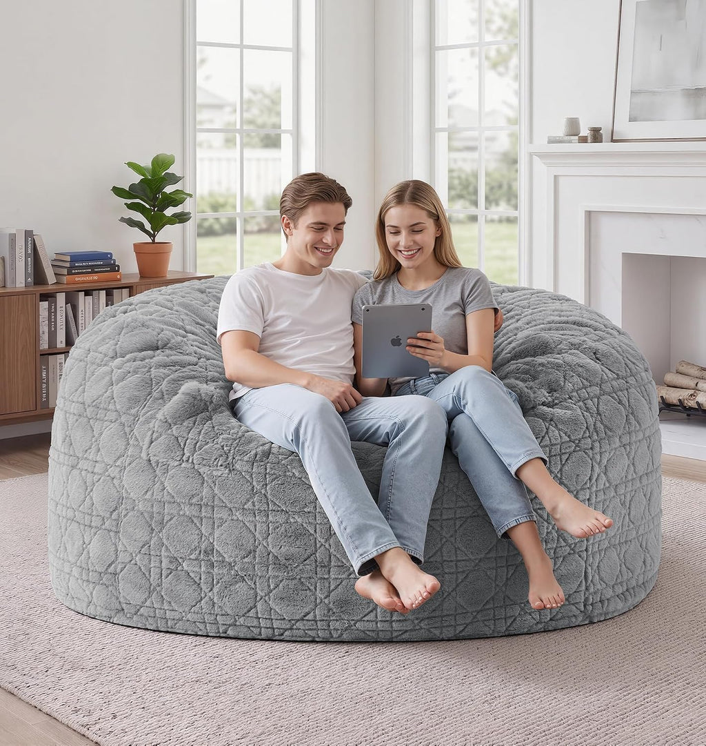 5FT Bean Bag Chair Oversized Bean Bags for Adults Large Bean Bag Beanbag Chair Washable Cover Quilted Plush Bean Bags Giant Memory Foam Bean Bag Chairs for Adults Pocket Bedrooms Living Room (Grey)