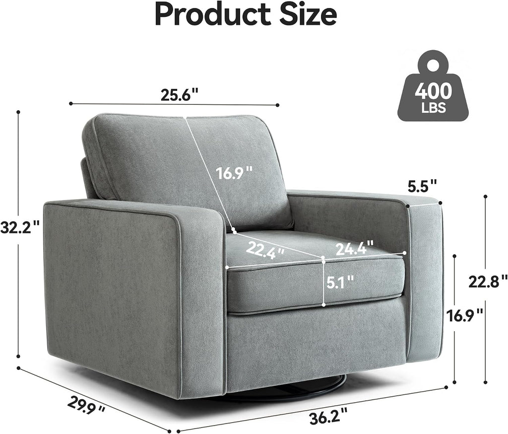 36.2" Wide Swivel Accent Chair - 360° Rotation Upholstered Modern Design Comfortable Cushioned Seating, Pillowback Glider Rocking Chair for Living Room, Bedroom, Nursery and Reading Nook, Gray