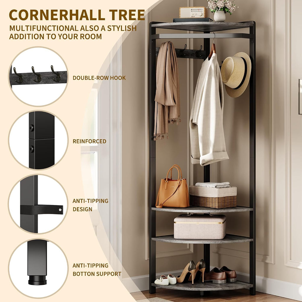 GarveeHome Corner Coat Rack with Shoe Bench Entryway, Corner Hall Tree with 6 Double Hooks, Corner Clothes Rack with Storage Corner Tree with Organizer Shoe Bench Shelf for Entryway, Hallway, Closet