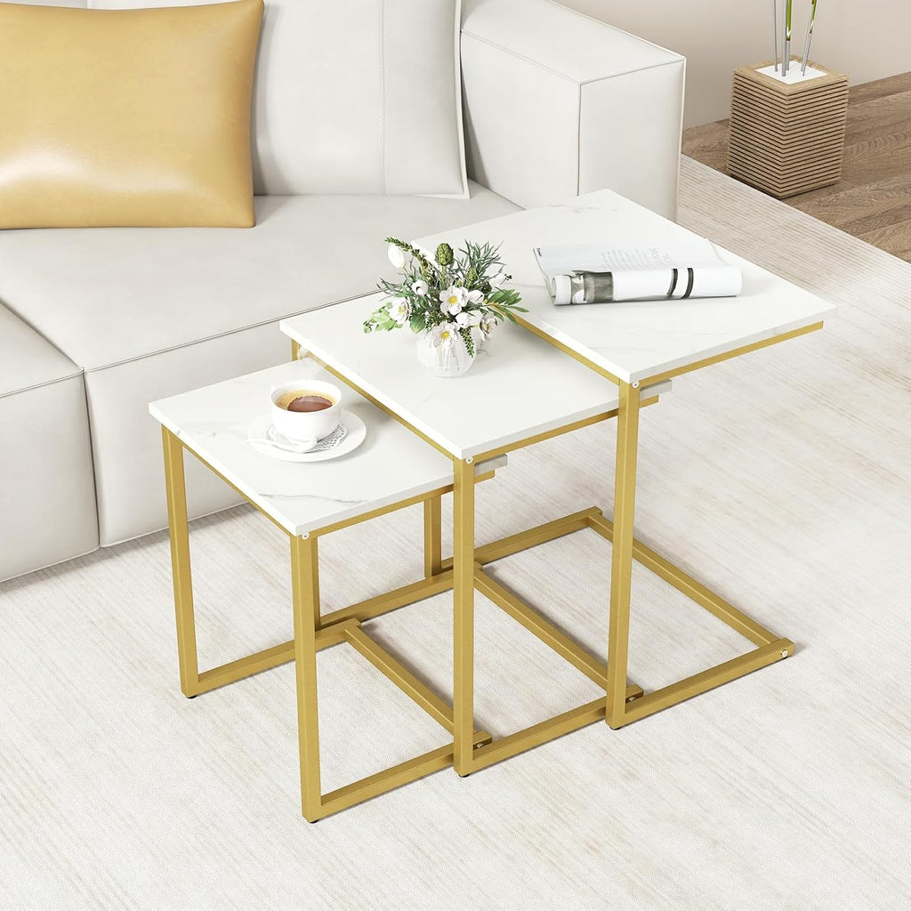 GOFLAME Nesting Coffee Tables Set of 3, Rectangular Nesting Center Table with Faux Marble Top & Metal Frame, Modern C-Shaped Nested Side Table Set for Living Room, Bedroom, Gold & White