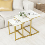 GOFLAME Nesting Coffee Tables Set of 3, Rectangular Nesting Center Table with Faux Marble Top & Metal Frame, Modern C-Shaped Nested Side Table Set for Living Room, Bedroom, Gold & White
