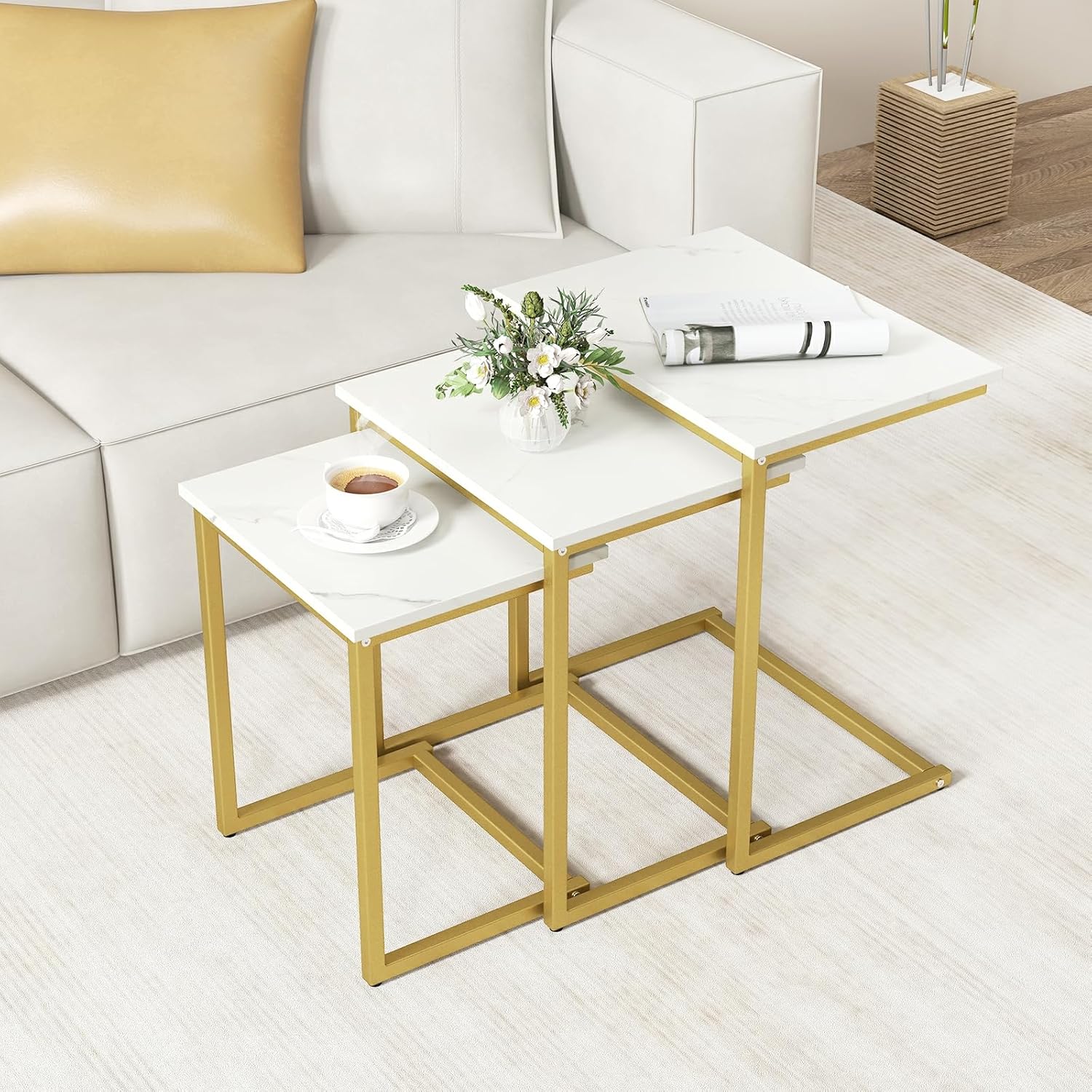 GOFLAME Nesting Coffee Tables Set of 3, Rectangular Nesting Center Table with Faux Marble Top & Metal Frame, Modern C-Shaped Nested Side Table Set for Living Room, Bedroom, Gold & White