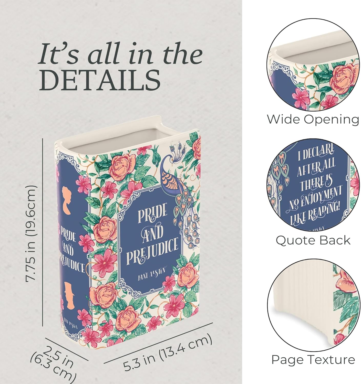 Steel Mill & Co Original Book-Shaped Decorative Vase, Ceramic Vases for Home Decor, Cute Bookshelf Decor, Unique Vase for Book Lovers (Large - Pride and Prejudice)