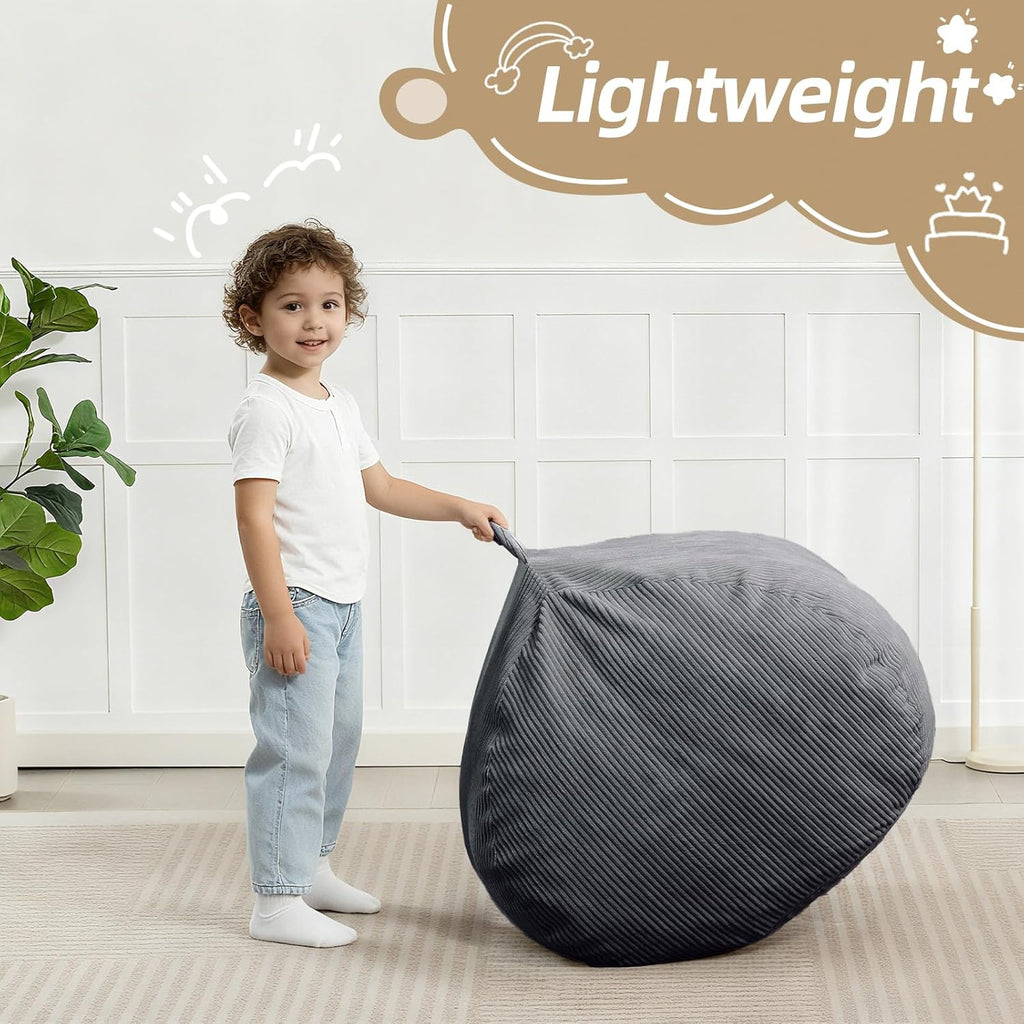 Bean Bag Chair with Corduroy Cover and Memory Foam Filled for Teens and Kids, Small Comfy Fluffy Floor Chair for Living Room Bedroom (Gray, 2.5FT)