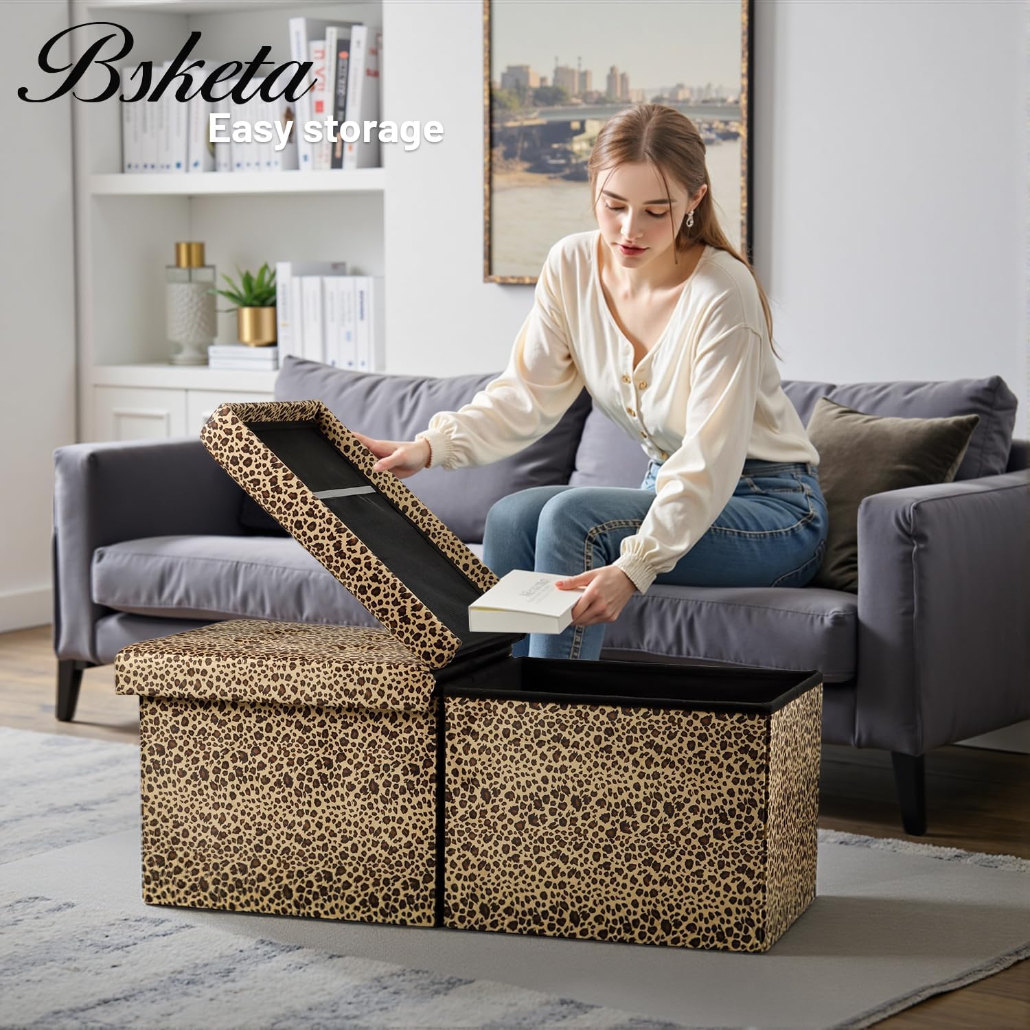 Bsketa Storage Ottoman Bench with Folding Lid Ⅲ, Foot Stools Opens on Both Ends, Footrest Foldable Velvet Chest for Living Room, Bedroom, Entryway, End of Bed Storage Blanket Ottomans Leopard Print