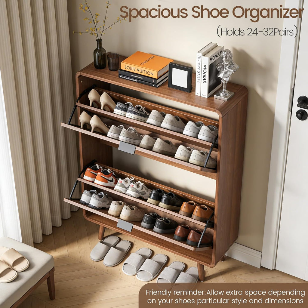 FurSch Fluted Shoe Storage Cabinet with 2 Flip Drawers, Narrow Shoe Rack Cabinet Organizer with Adjustable & Removable Shelves for Entryway (All Walnut, 2 Drawers)