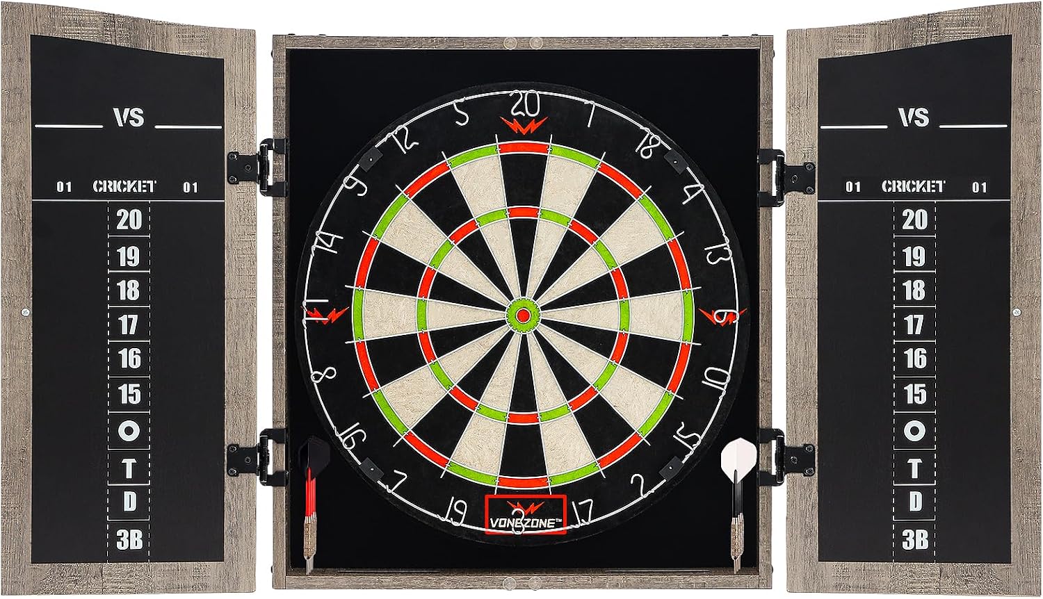 Dartboard Cabinet Set with 18" Bristle Dartboard - Self-Healing Sisal, 6 Steel Tip Darts, Scoreboard & Chalk - All-in-One Game Room Set for Home, Bar, Garage (Gray)