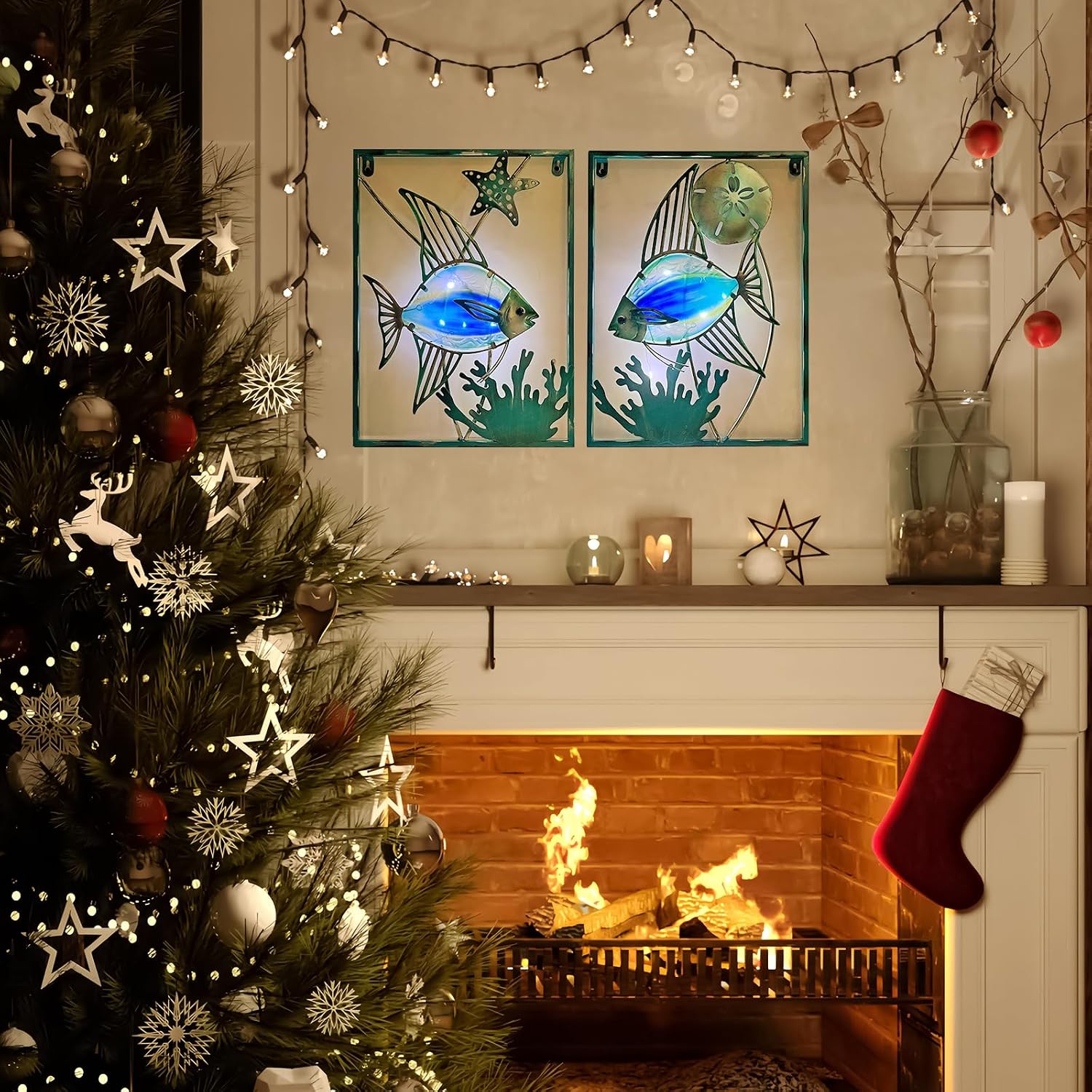 LIFFY Metal Fish Wall Decor with Frame-Outdoor Wall Art, Wall Decor with LED Fairy Lights, Fish Glass Art Wall Sculpture for Patio,Beach,Garden,Yard,Pool,home gift(2pcs, Blue)