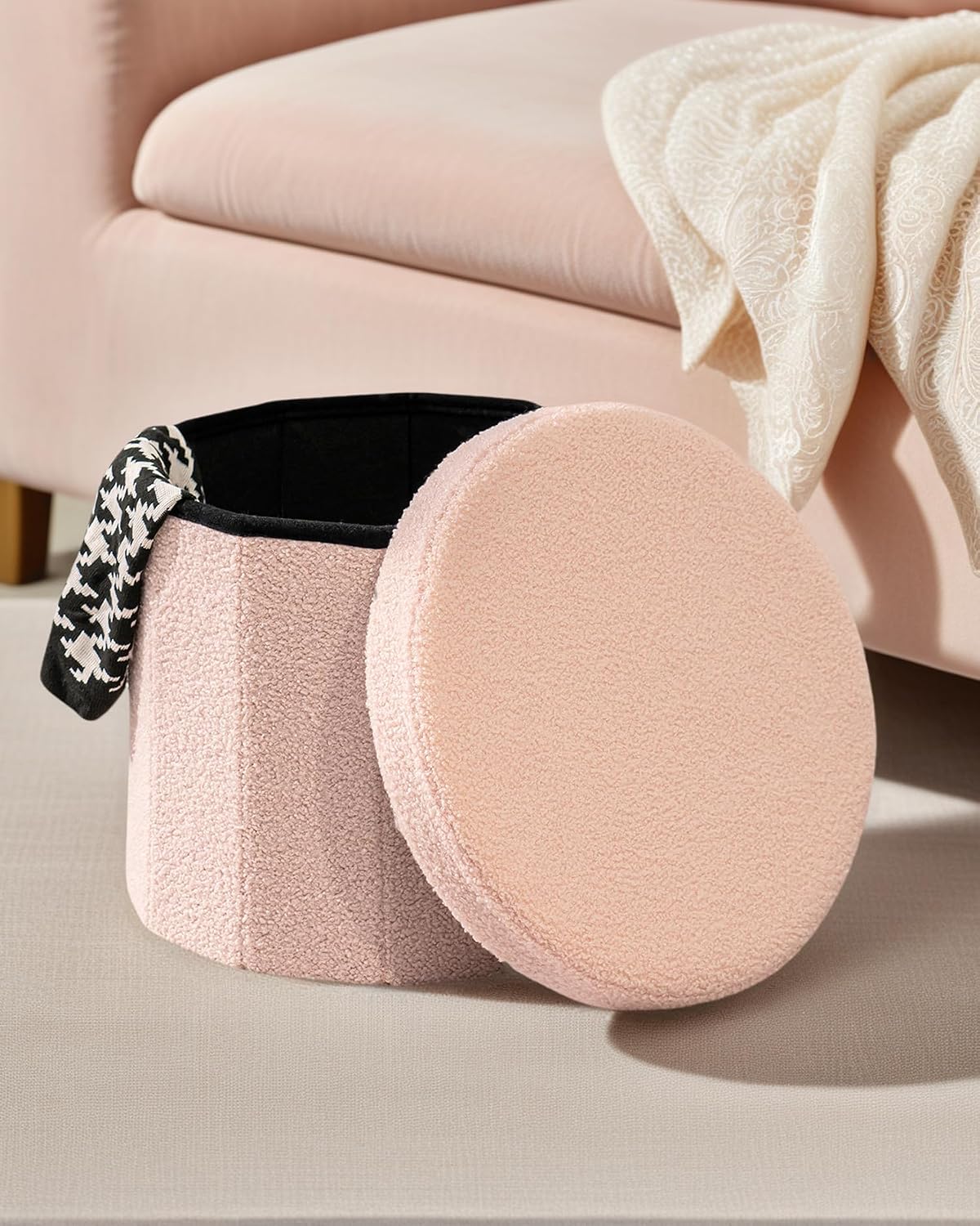 Round Boucle Storage Ottoman, 15" Small Upholstered Footstool with Storage, Compact Teddy Ottoman Footrest for Living Room, Bedroom, Dorm, Pink