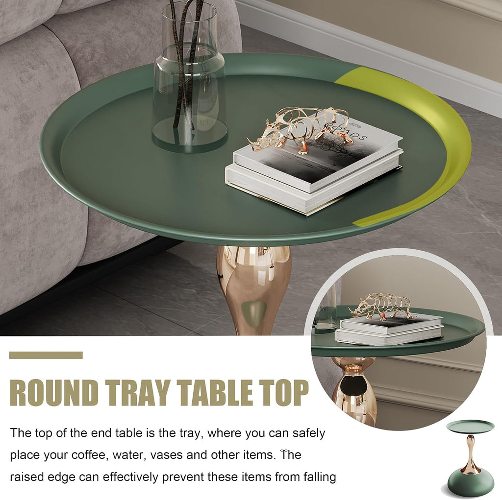 Green Round Side Table for Small Spaces, Small End Table with Metal Pedestal, Minimalist Corner Accent Table for Sofa, Bedroom, Living Room, Easy Assembly