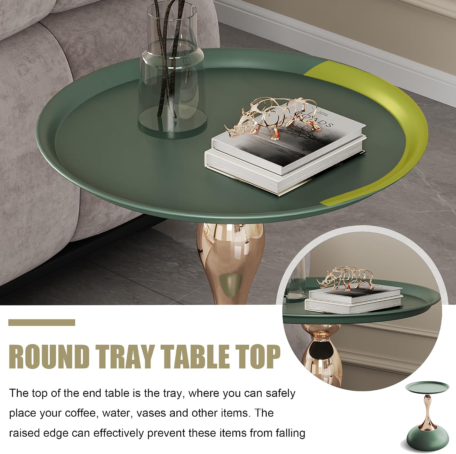 Green Round Side Table for Small Spaces, Small End Table with Metal Pedestal, Minimalist Corner Accent Table for Sofa, Bedroom, Living Room, Easy Assembly