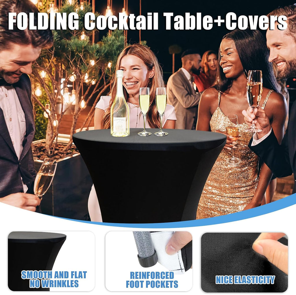 2Sets 32in Hightop Folding Cocktail Tables+Covers-Spandex Stretch Folding Tall Bar Table Covers, Detachable Legs Bar Height Folding Table Outdoor Indoor Use (Black/2 Tables+2 Covers)