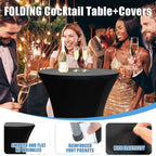 2Sets 32in Hightop Folding Cocktail Tables+Covers-Spandex Stretch Folding Tall Bar Table Covers, Detachable Legs Bar Height Folding Table Outdoor Indoor Use (Black/2 Tables+2 Covers)
