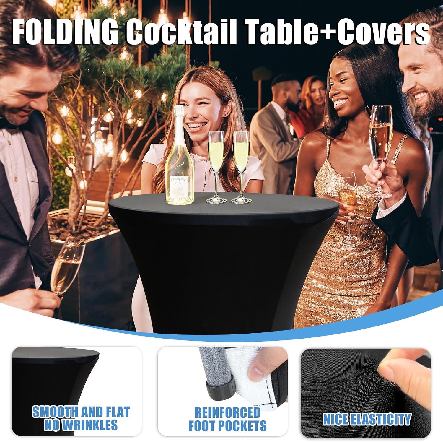 2Sets 32in Hightop Folding Cocktail Tables+Covers-Spandex Stretch Folding Tall Bar Table Covers, Detachable Legs Bar Height Folding Table Outdoor Indoor Use (Black/2 Tables+2 Covers)
