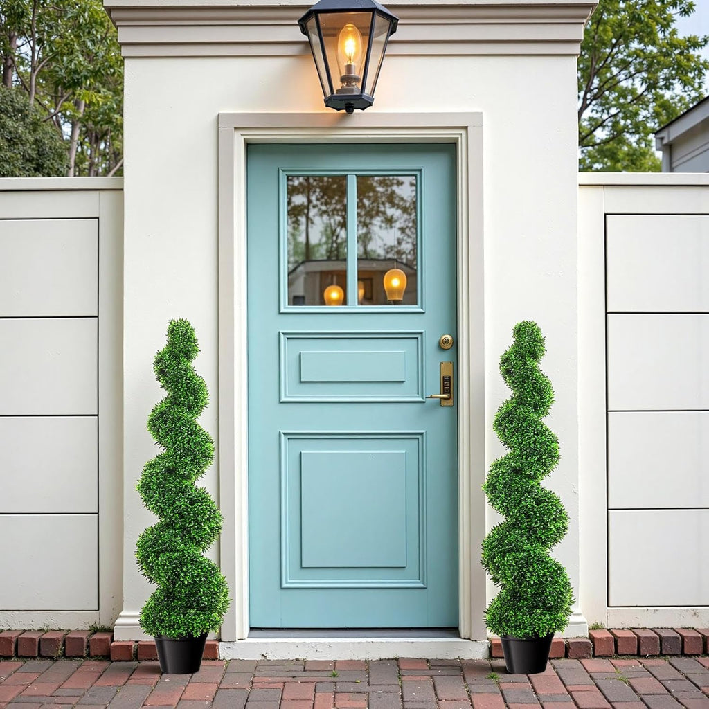 4ft Artificial Boxwood Spiral Tree Set (2 Pieces), Faux Plants Outdoor with Weighted Pot, Artificial Outdoor Plants for Outdoor Walkway & Indoor Decor, Boxwood Topiary, Artificial Trees for Outdoors