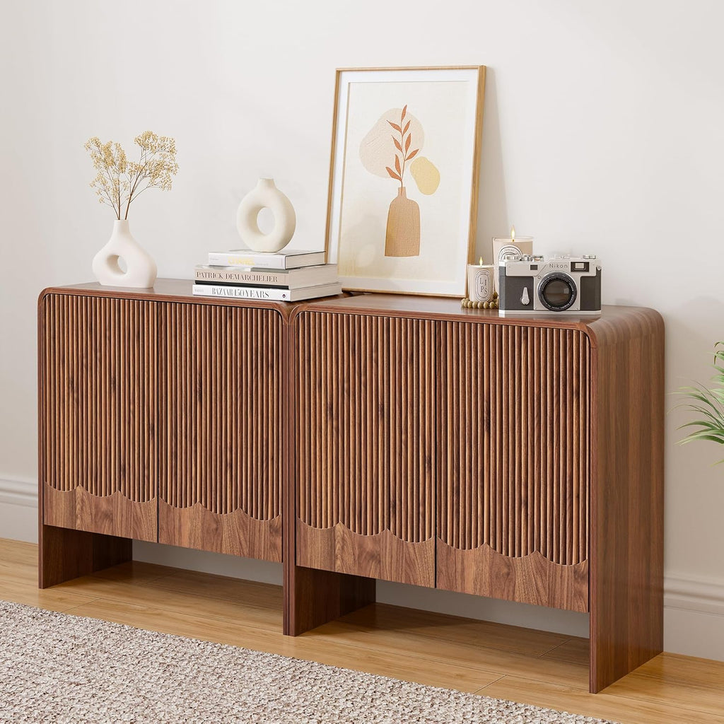 FurSch Fluted Sideboard Buffet Cabinet, Mid Century Modern Storage Cabinet with Curved Edge and Adjustable Shelf for Kitchen Dining Room Living Room (Walnut-Wave, 2 Doors*1 pc)
