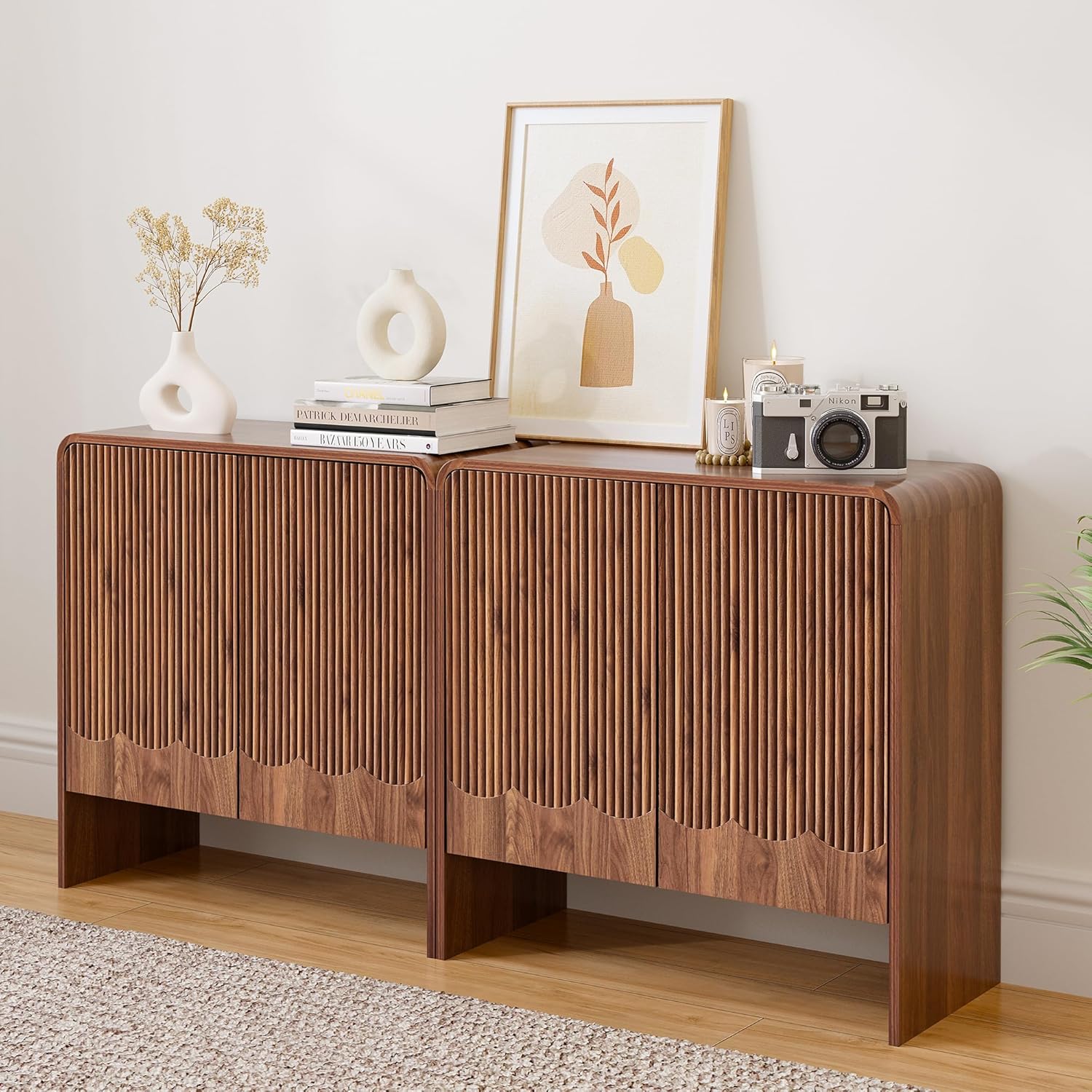 FurSch Fluted Sideboard Buffet Cabinet, Mid Century Modern Storage Cabinet with Curved Edge and Adjustable Shelf for Kitchen Dining Room Living Room (Walnut-Wave, 2 Doors*1 pc)
