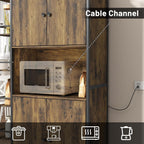 Industrial Style Kitchen Pantry Storage Cabinet, Brown Tall Kitchen Hutch with Microwave Stand, Food Pantry Cabinet with Side 6 Shelves and 2 Doors for Dining Room, Living Room