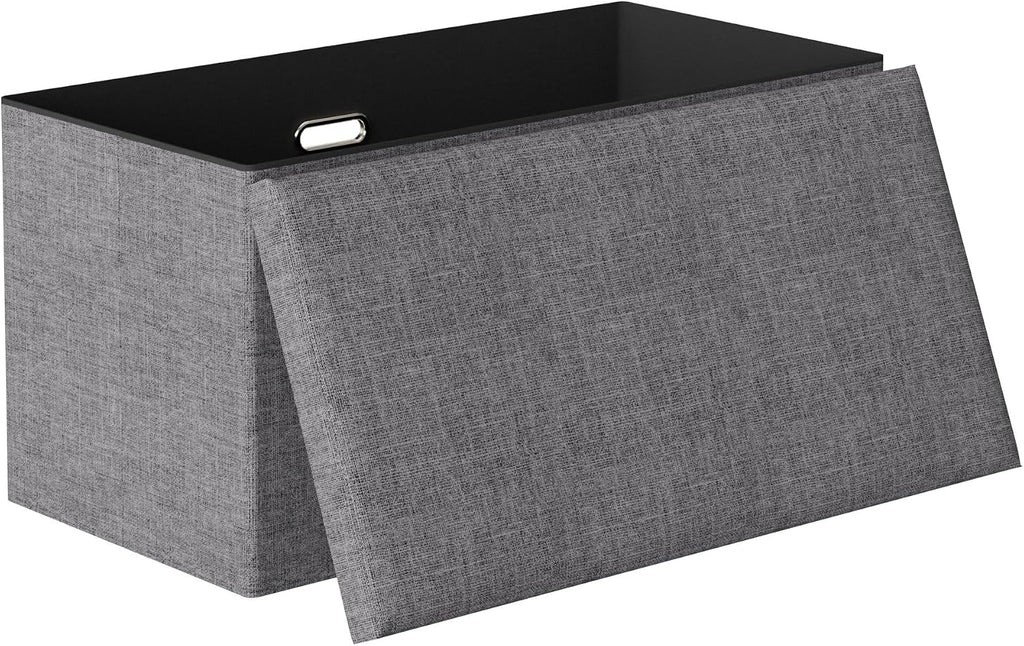 VECELO 30'' Folding Storage Ottoman Bench, End of Bed Linen Fabric Foot Rest Stool with Padded Seat, Large Footstools for Bedroom, Living Room, Load 500 lb, Grey