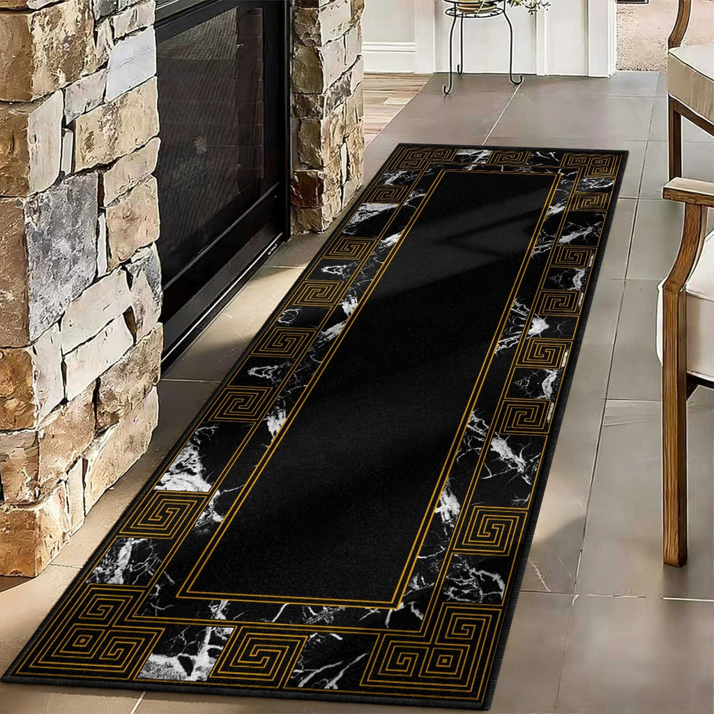 Elegant Black Runner Rug with Geometric Marble & Gold Greek Key Design, Low Pile Non-Slip Hallway Carpet, Washable Kitchen Floor Mat, for Living Room Bedroom Entryway Home Office Decor, 2' x 8'