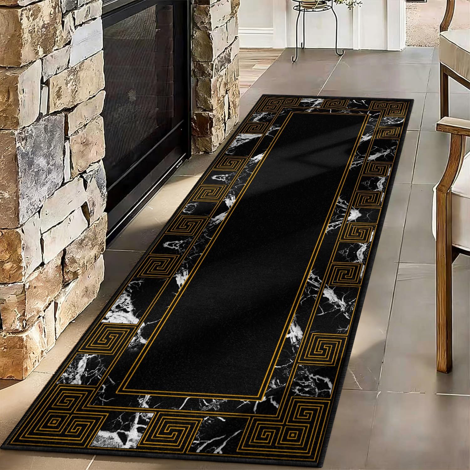 Elegant Black Runner Rug with Geometric Marble & Gold Greek Key Design, Low Pile Non-Slip Hallway Carpet, Washable Kitchen Floor Mat, for Living Room Bedroom Entryway Home Office Decor, 2' x 8'