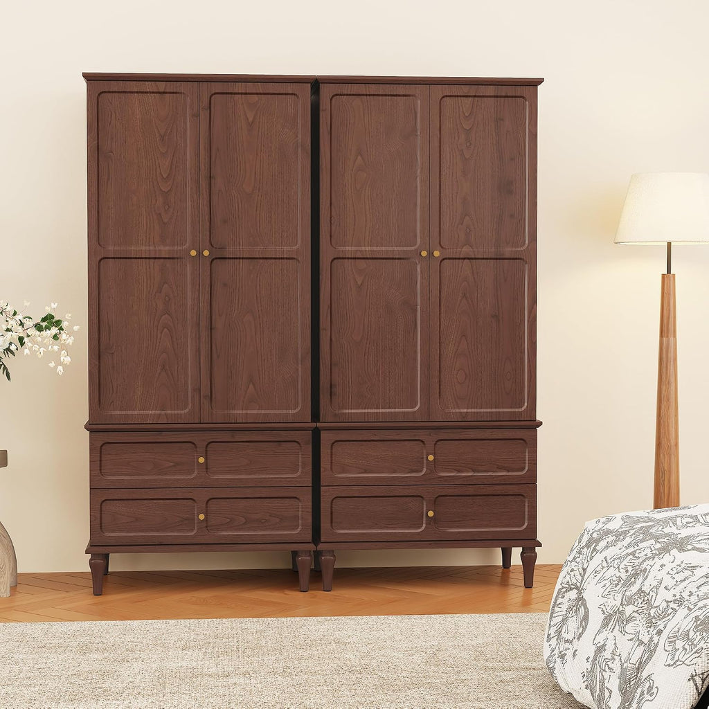HLR 71" Mid-Century Modern Armoire Wardrobe Closet with Doors and Drawers,Wooden Armoire Storage Cabinet with Hanging Rod for Bedroom,Large Capacity Storage,Brown
