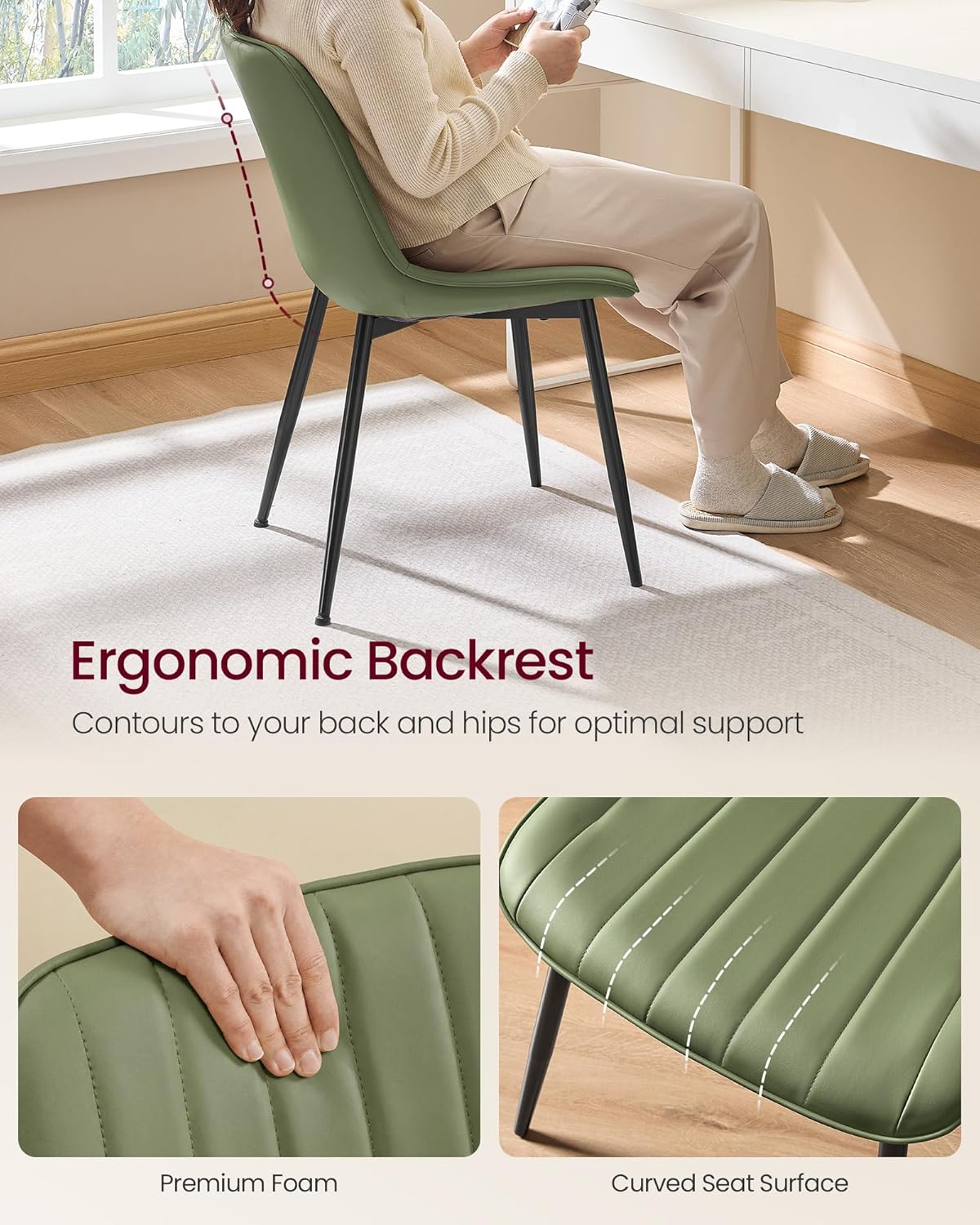 VASAGLE Dining Chairs Set of 4, Upholstered Kitchen Chairs, Synthetic Leather, Max. Load 264 lb, Steel Legs, Curved Backrest, for Dining Room, Forest Green and Ink Black ULDC090CH02-2J