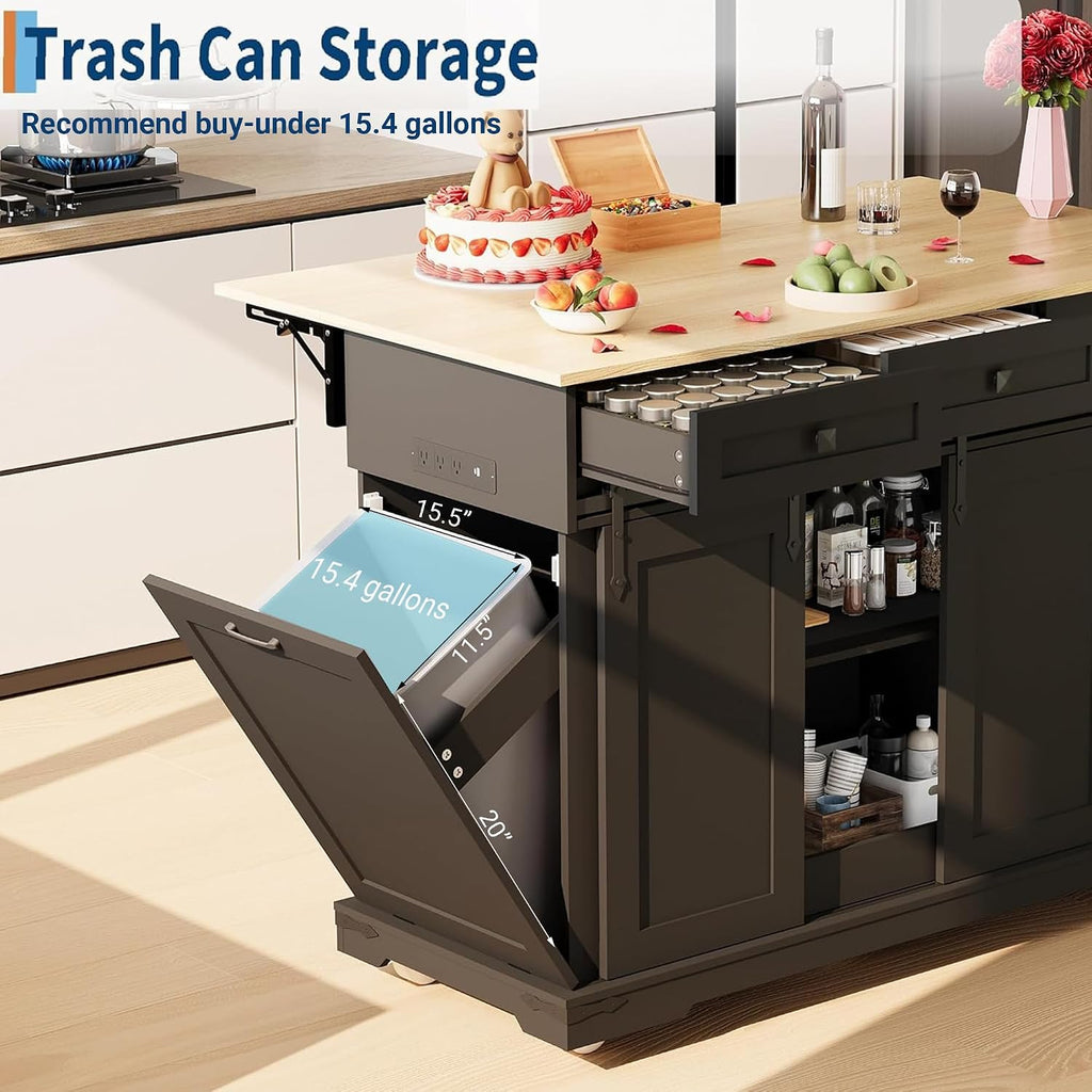 Large Rolling Kitchen Island with Power Outlet, Mobile Kitchen Cart on Wheels with Drop Leaf, 3 Drawers, Trash Can Storage, Spice Rack, Towel Holder, Kitchen Island Table for Dining Room, Home, Black