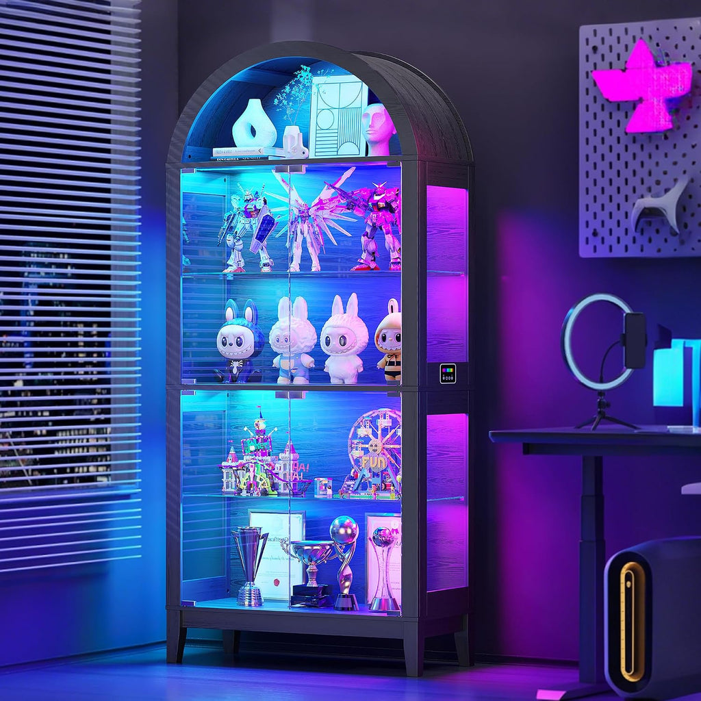 WOOVIVS Glass Display Cabinet with RGB Lights, 69" Tall Curio Cabinet with Rebound Tempered Glass Door, 5-Tier Adjustable Display Case for Living Room (Black)