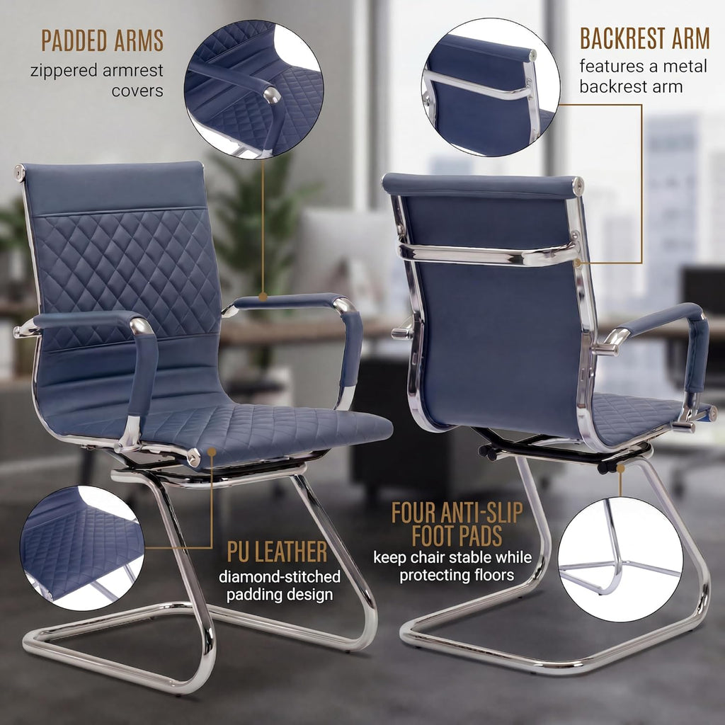 HNY Office Desk Chair No Wheels Set of 8 - PU Leather Waiting Room Chairs with Arms - Conference Room Chairs 400LB Capacity Sled Base, Reception Chair for Home Office, Lobby, School Navy Blue