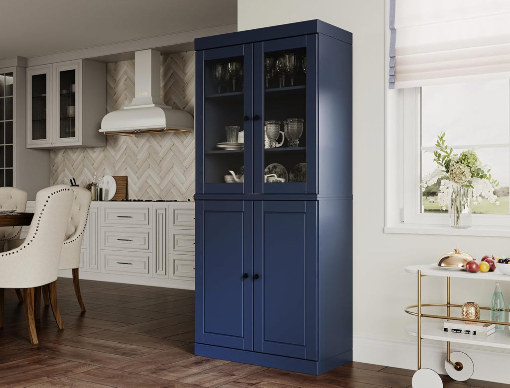 Palace Imports 100% Solid Wood 32"" Pantry Cabinet with Raised Panel, Clear Glass Doors & Adjustable Shelves