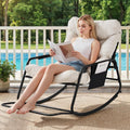 ONBRILL Adjustable Backrest Rocking Chair, Patio Rocking Chair with Cushion, Papasan Chair with Footrest, Indoor & Outdoor Rocker Chair for Living Room, Bedroom, Patio, Garden, Cream White