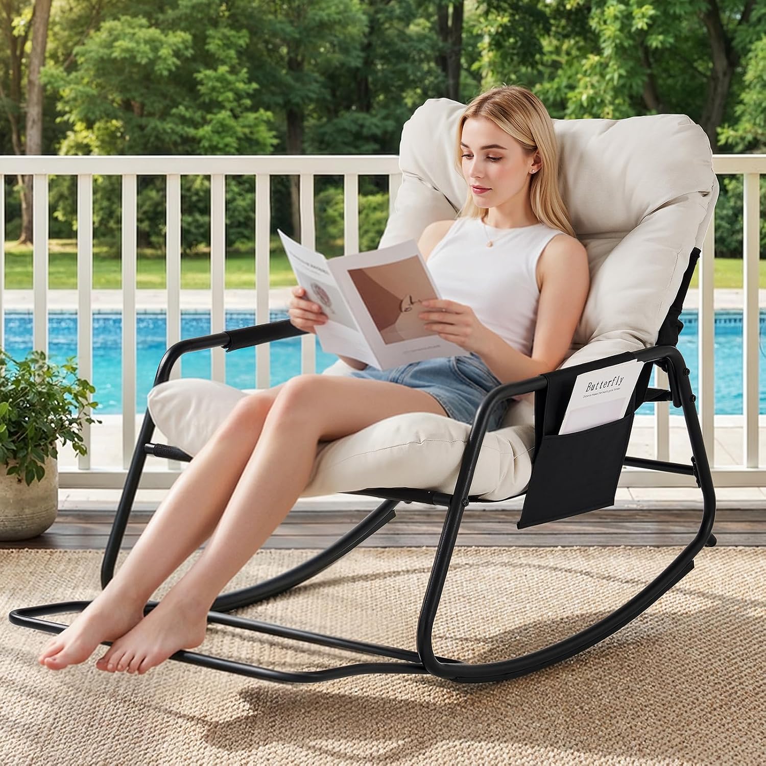 ONBRILL Adjustable Backrest Rocking Chair, Patio Rocking Chair with Cushion, Papasan Chair with Footrest, Indoor & Outdoor Rocker Chair for Living Room, Bedroom, Patio, Garden, Cream White