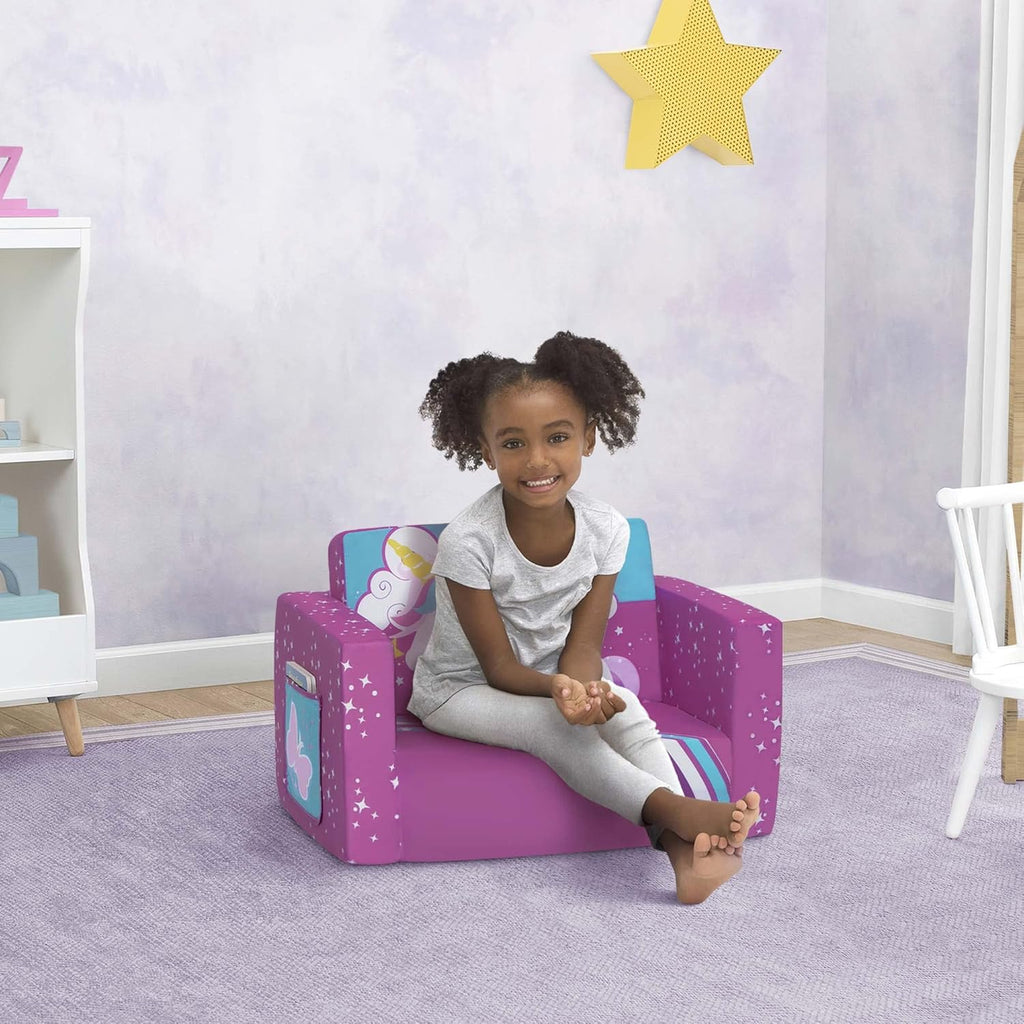 Delta Children Cozee Kids Couch 2-Seater Kids Sofa, Convertible 2-in-1 Flip Open Toddler Couch Sleeper, Foam Chair for Playroom & Bedroom, Bed Lounger, Comfy Play Sleeping Lounge Chair, Unicorn