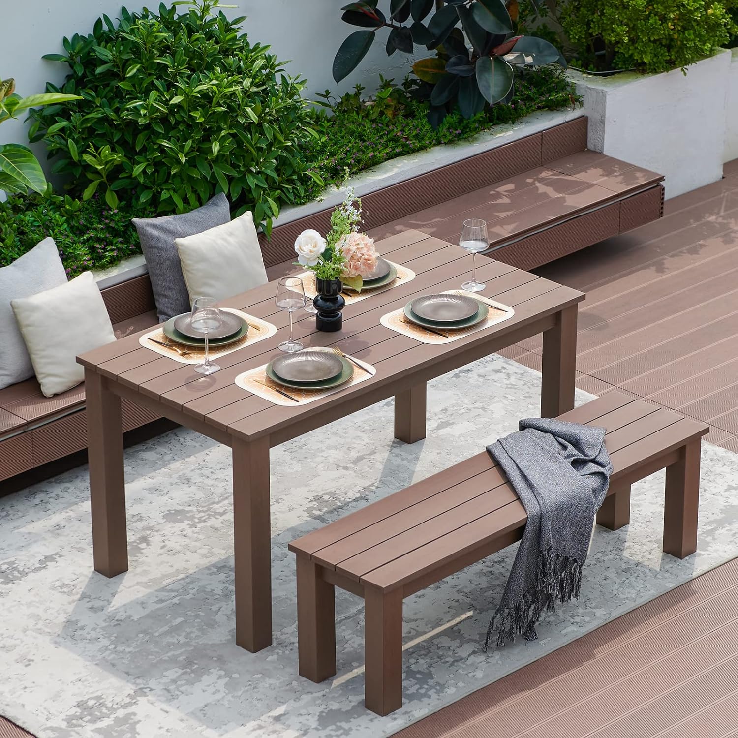 59" Outdoor Backless Bench, 3-Person Poly Lumber Patio Bench, Anti-Rot Anti-Fade Weatherproof HIPS Bench, Low Maintenance, for Garden, Porch, Park & Backyard, Indoor & Outdoor Use，Brown