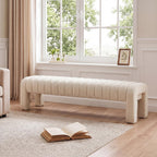 63’’ Bedroom Bench, Upholstered End of Bed Bench with Solid Wood Legs, Modern Cushioned Dining Bench with Full Covered Fabrics for Entryway, Bedroom, Living Room (Beige, Linen)