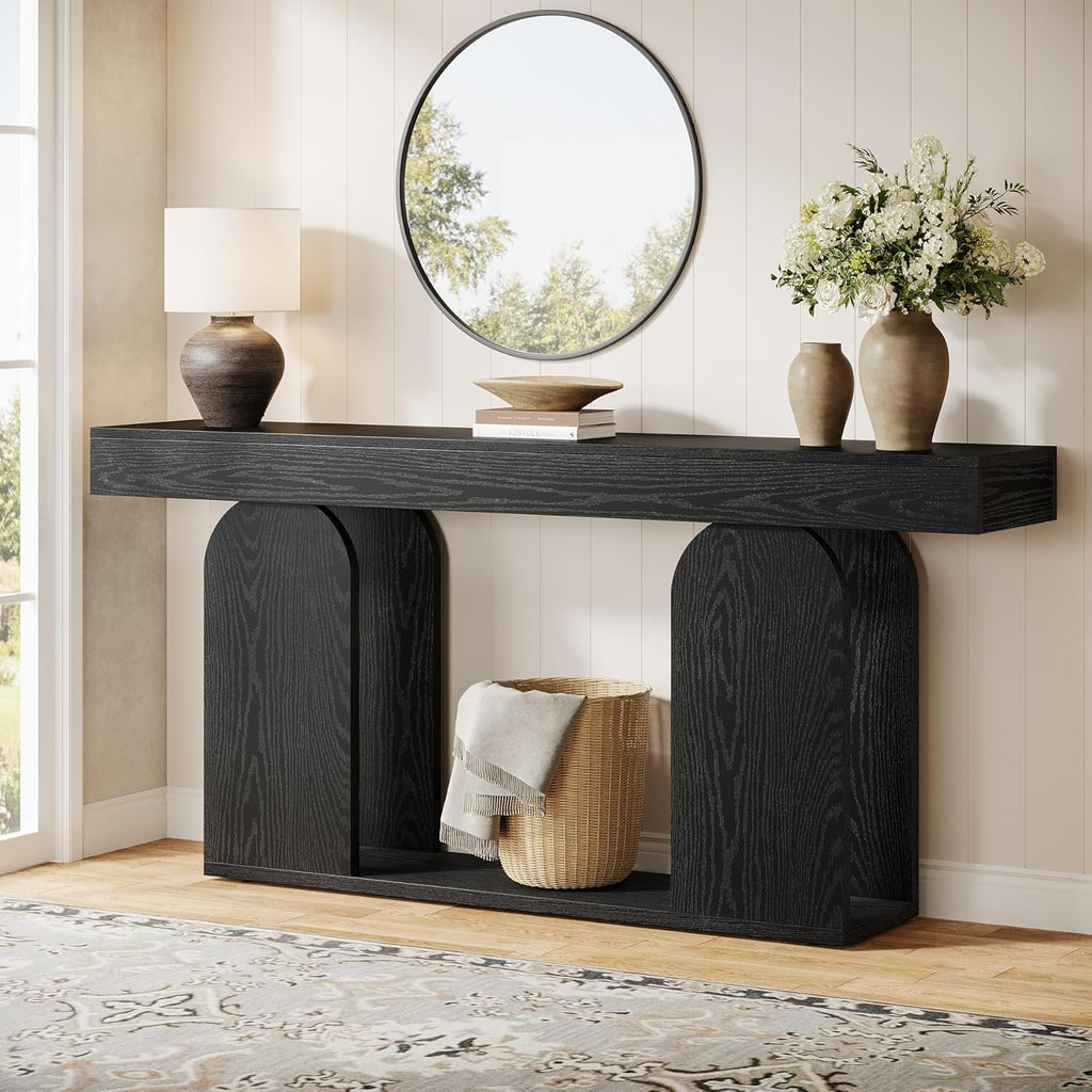 Tribesigns 70.9-Inch Extra Long Sofa Table, Farmhouse Console Tables with Wood Frame and Storage Shelf, 2-Tier Wood Table Behind Couch for Living Room, Hallway, Foyer, Black