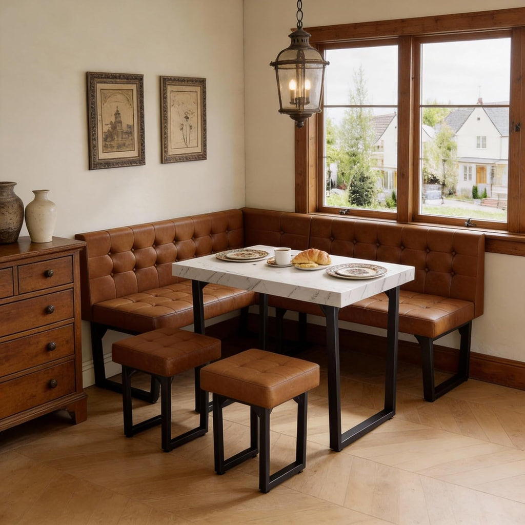 Brafab Corner Dining Table Set, 72 Inch Breakfast Nook Table Set with Upholstered Banquette, 5-Piece Corner Bench Dining Table Set, Luxury Caramel