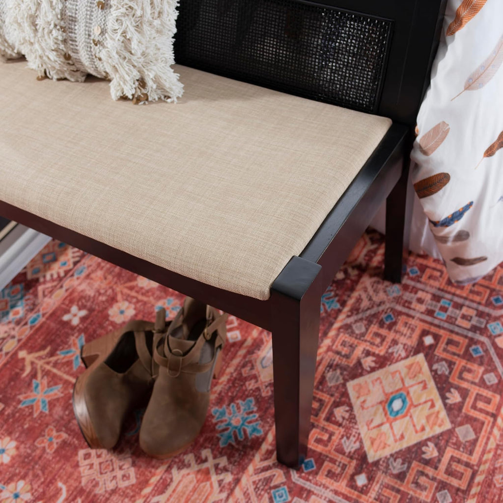 Powell Kasi Black Low Back Cane Bench with Beige Upholstered Seat