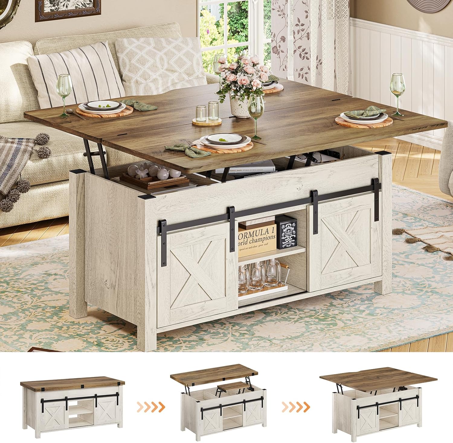 SEDETA Lift Top Coffee Table, 4 in 1 Multi-Function Convertible Coffee Tables with Storage and Hidden Compartment, Farmhouse Coffee Table Converts to Dining Table for Living Room, Brown Top