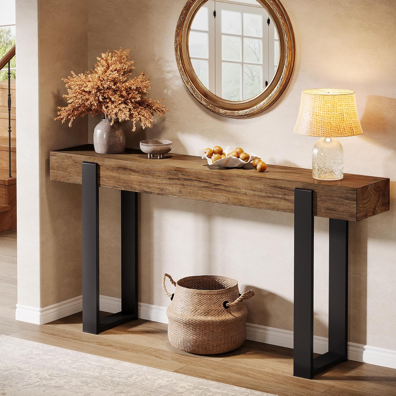 Tribesigns 63-Inch Long Console Table, Solid Wood Sofa Table Behind The Couch with Metal Support, Farmhouse Entryway Furniture for Entrance, Hallway, Living Room, Rustic Brown & Black