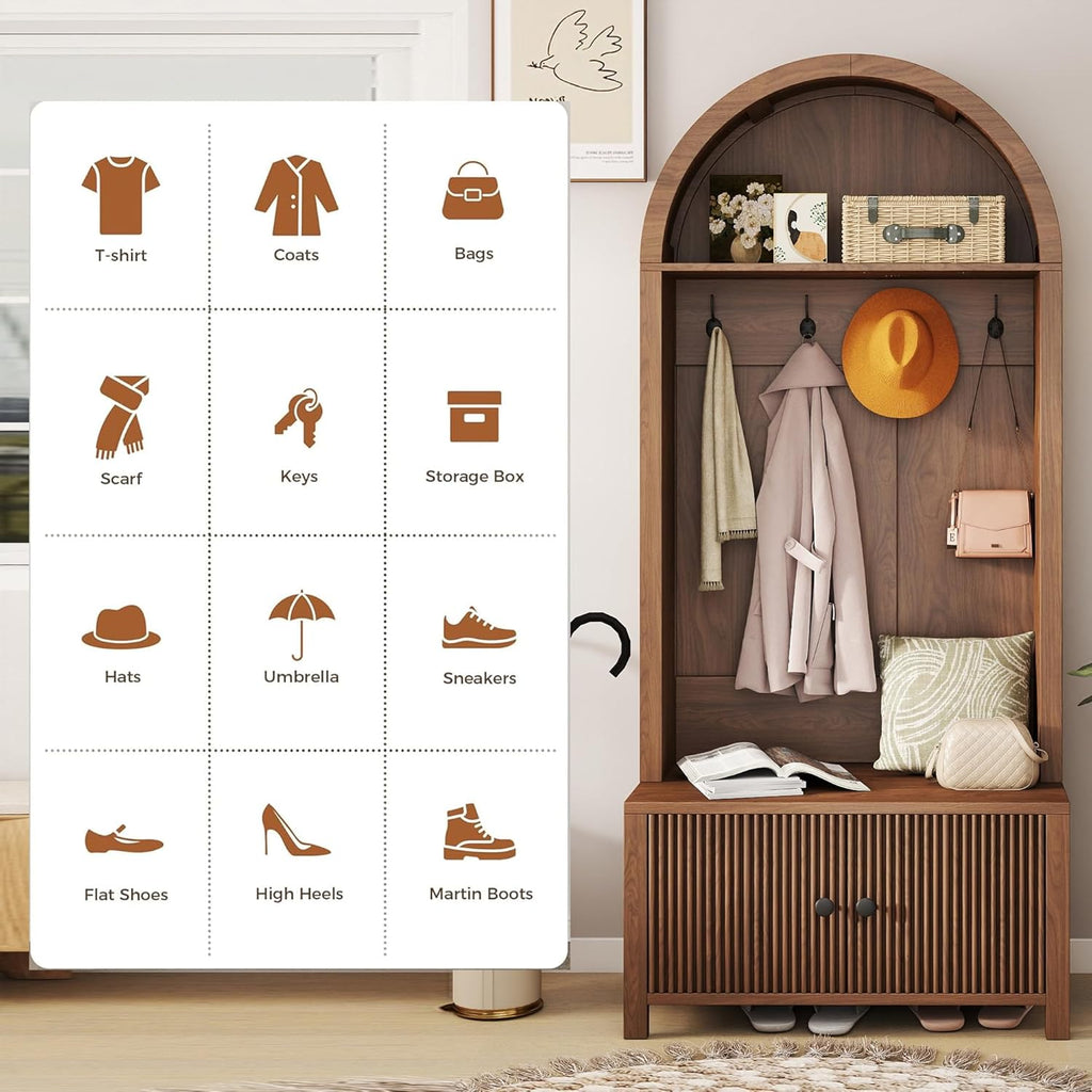 Hall Tree with Bench and Shoe Storage, Entryway Storage Bench with Coat Rack, 70.08" Tall Mudroom Rack with 4 Double Hooks and and 2 Fluted Doors, hall tree with storage for Hallway, Walnut