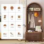 Hall Tree with Bench and Shoe Storage, Entryway Storage Bench with Coat Rack, 70.08" Tall Mudroom Rack with 4 Double Hooks and and 2 Fluted Doors, hall tree with storage for Hallway, Walnut