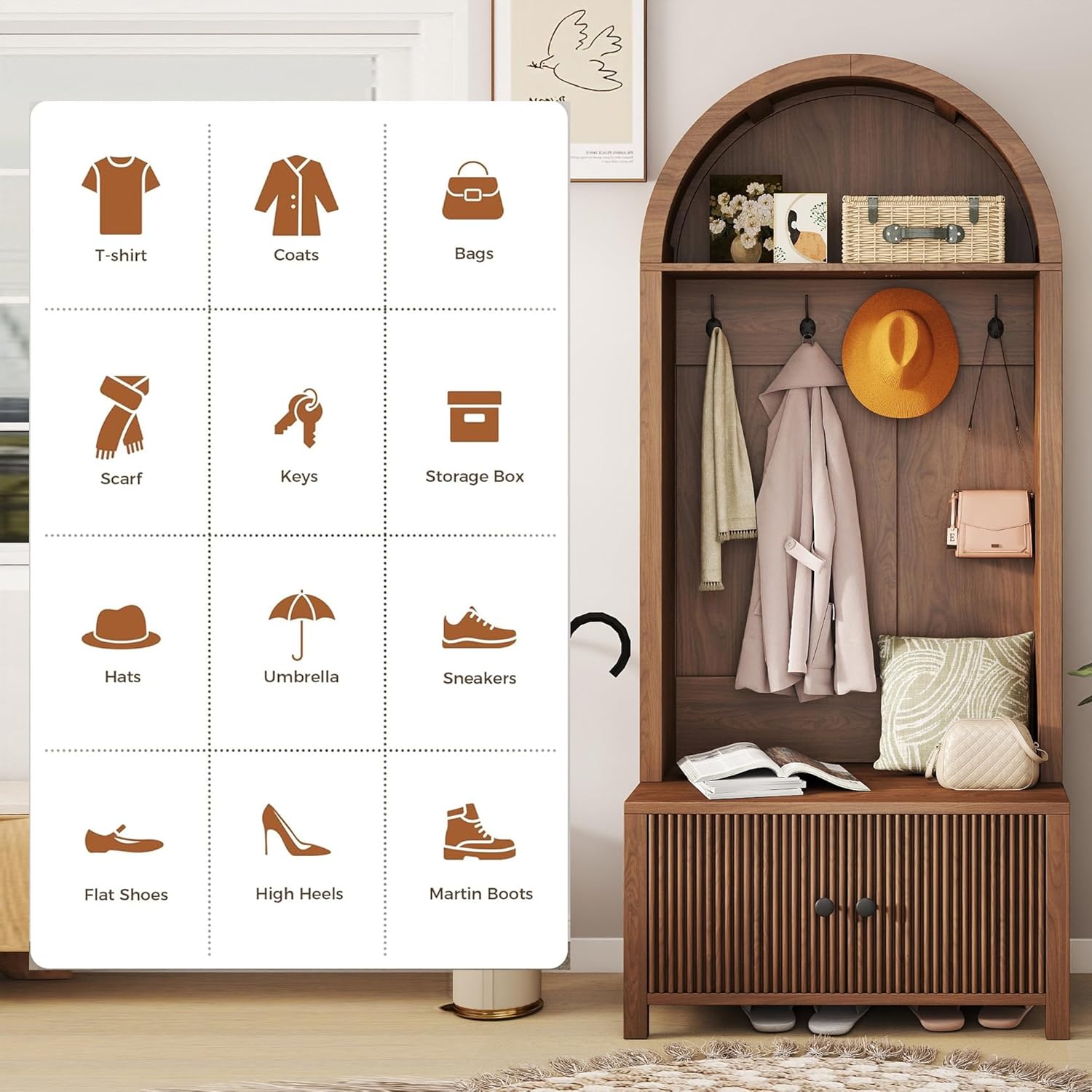 Hall Tree with Bench and Shoe Storage, Entryway Storage Bench with Coat Rack, 70.08" Tall Mudroom Rack with 4 Double Hooks and and 2 Fluted Doors, hall tree with storage for Hallway, Walnut