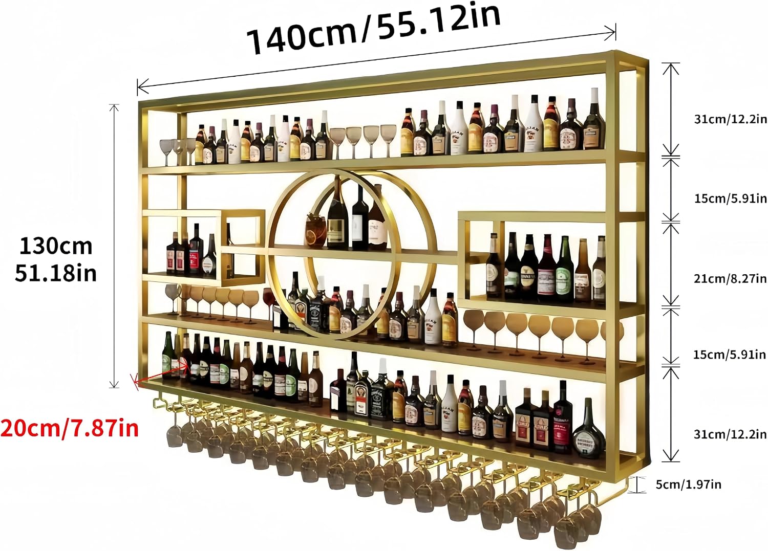 55in Modern Wine Rack Wall Mounted, Metal Wall Bar Shelves for Liquor Bottles with Glass Holder, Multifunctional Wood Bar Shelves Wall Mounted for Home Bar, Dining Room & Kitchen, Gold
